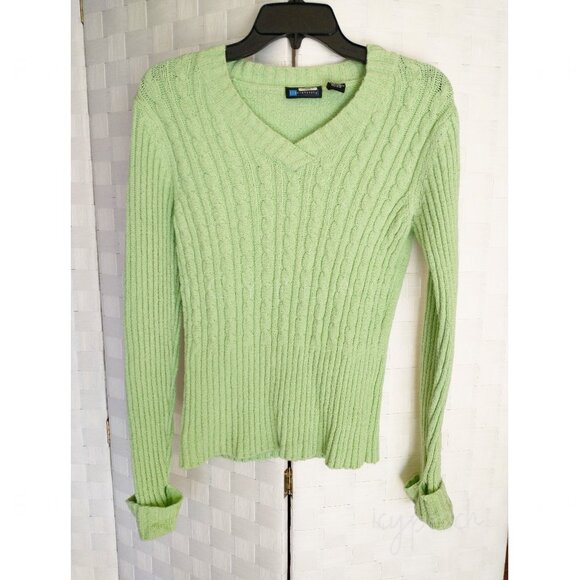 Relativity Sweater Small Vintage Lt Green V-Neck Ribbed Cuffed Lagenlook Preppy - Picture 10 of 12